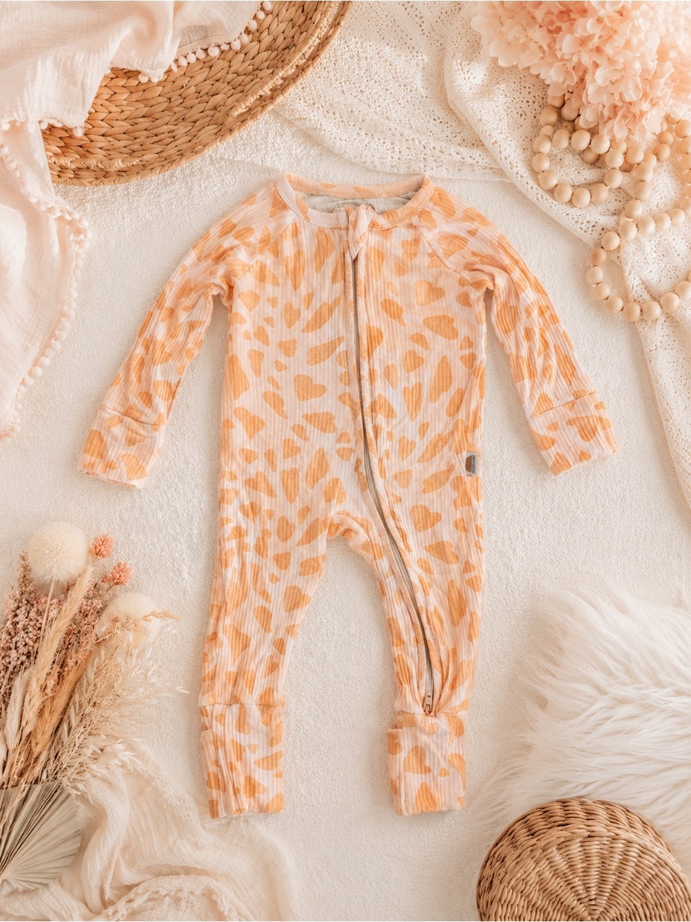Brixton Phoenix Bamboo Baby Sleeper Pajamas Pink Orange Ribbed Zip Romper 3-6M